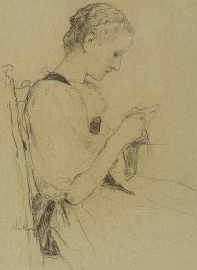 Zittend meisje aan het breien door Albert Anker